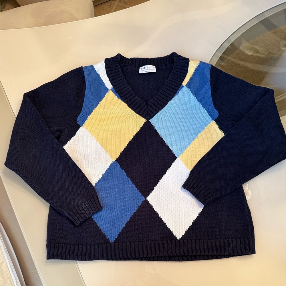 Liz Claiborne Women’s V-Neck Argyle Sweater - Navy, Blue, Yellow, White